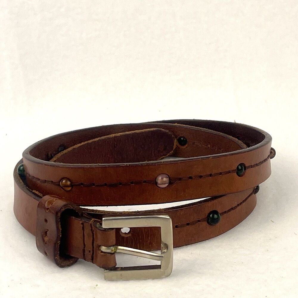 Vintage Women’s L Leather Belt Glass Bead Studded Made In India Boho Indie